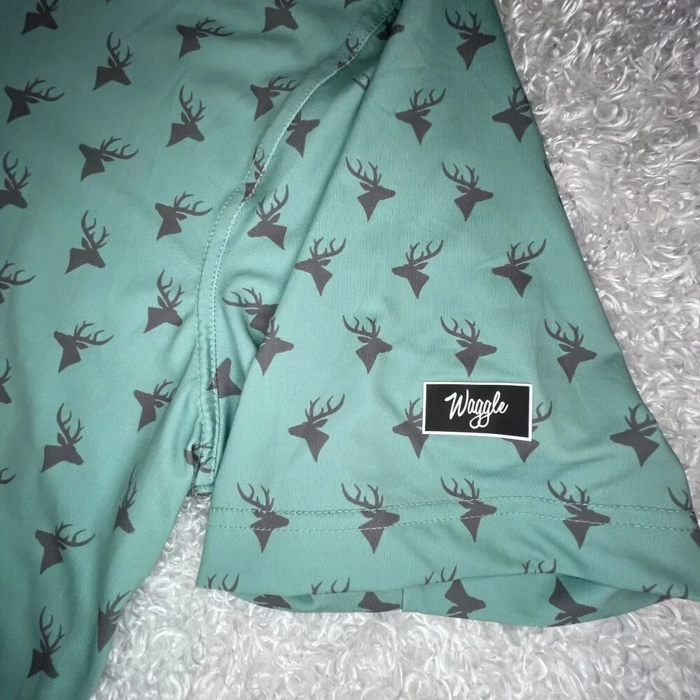 NWOT Waggle Golf Polo Men's 2XL Green Deer All Over Print Performance Stretch - Picture 8 of 10